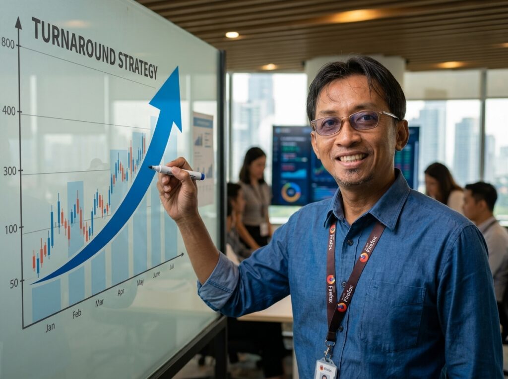 Cara Bluebird Bangkit dari "Kematian": Strategi yang Tak Bisa Ditiru Startup 1 Ilustrasi seorang profesional bisnis Indonesia yang sedang menganalisis data pertumbuhan perusahaan, merepresentasikan strategi bangkit dari kebangkrutan tanpa ikut perang harga.