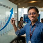 Home Page 1 Ilustrasi seorang profesional bisnis Indonesia yang sedang menganalisis data pertumbuhan perusahaan, merepresentasikan strategi bangkit dari kebangkrutan tanpa ikut perang harga.
